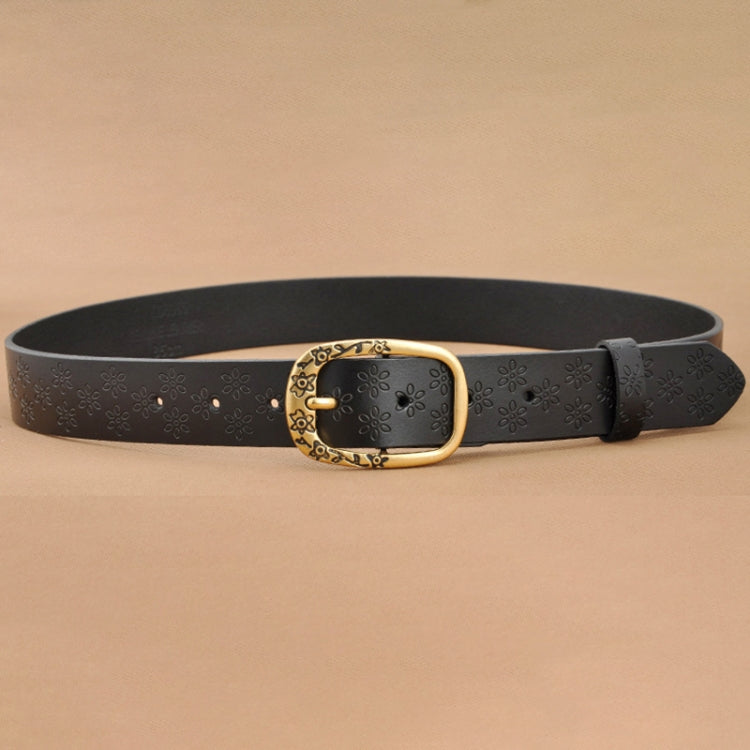 Black PU leather belt with embossed flower pattern and gold oval buckle