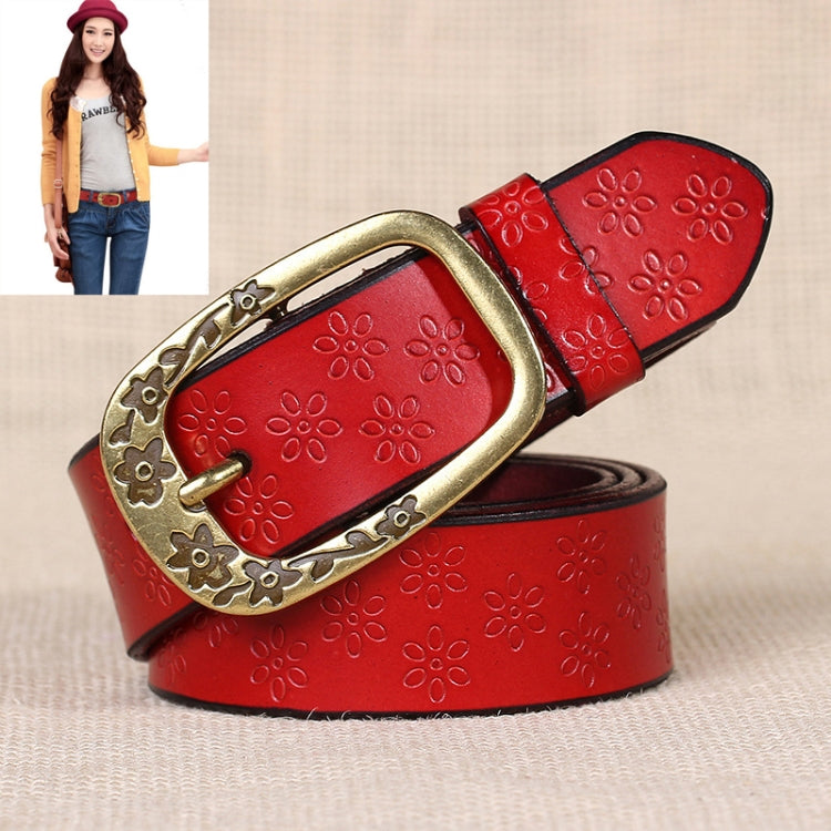 Red PU leather belt with embossed flower pattern and antique gold oval buckle