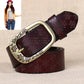 Dark brown PU leather belt with embossed flower pattern and antique gold oval buckle