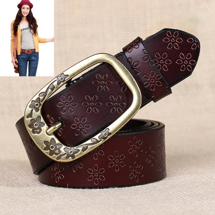 Dark brown PU leather belt with embossed flower pattern and antique gold oval buckle