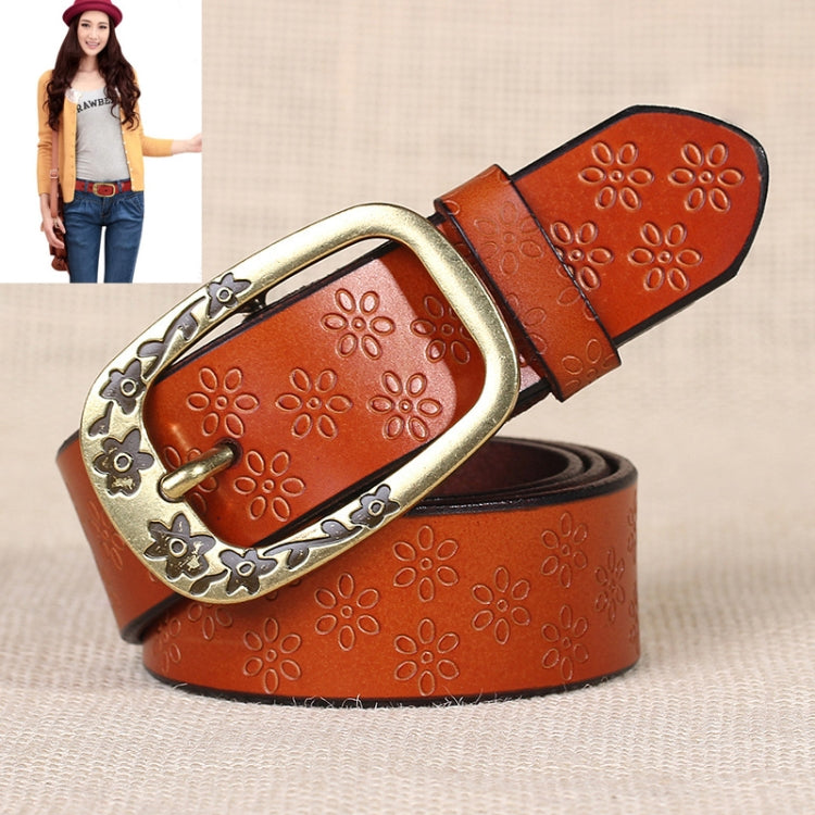 Orange PU leather belt with embossed flower pattern and antique gold oval buckle