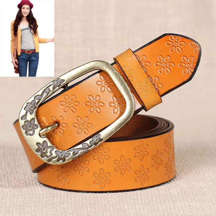 Mustard orange PU leather belt with embossed flower pattern and antique gold oval buckle