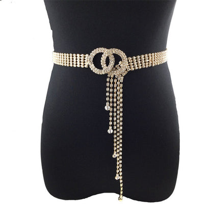 Gold-tone double loop rhinestone waist belt with long tassel drop