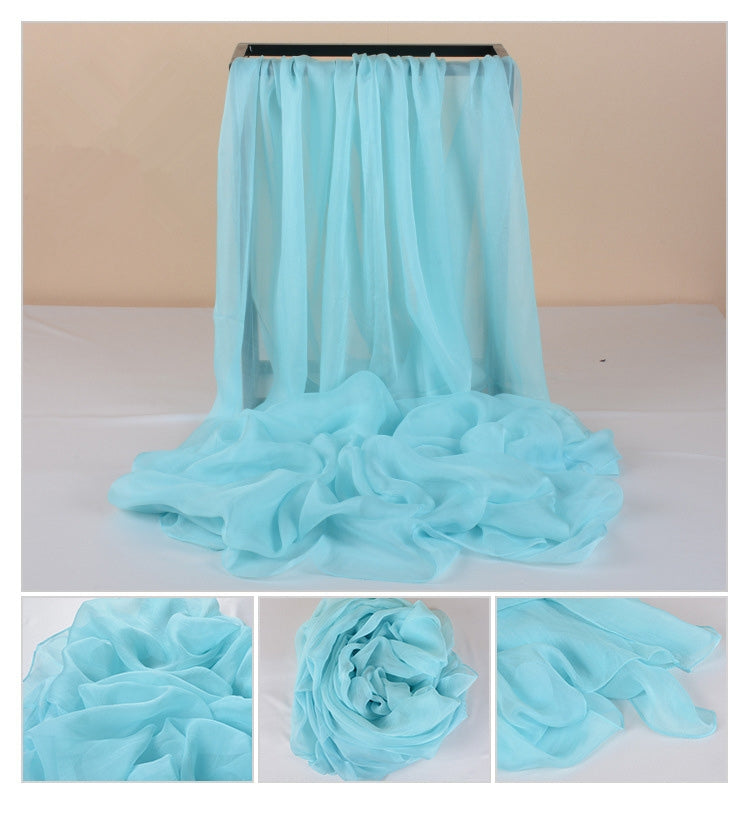 Light blue chiffon silk scarf, gathered pleats and layered ruffle-like folds