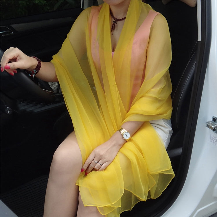 Yellow chiffon silk scarf, sheer overlay draped across chest with flowing layers