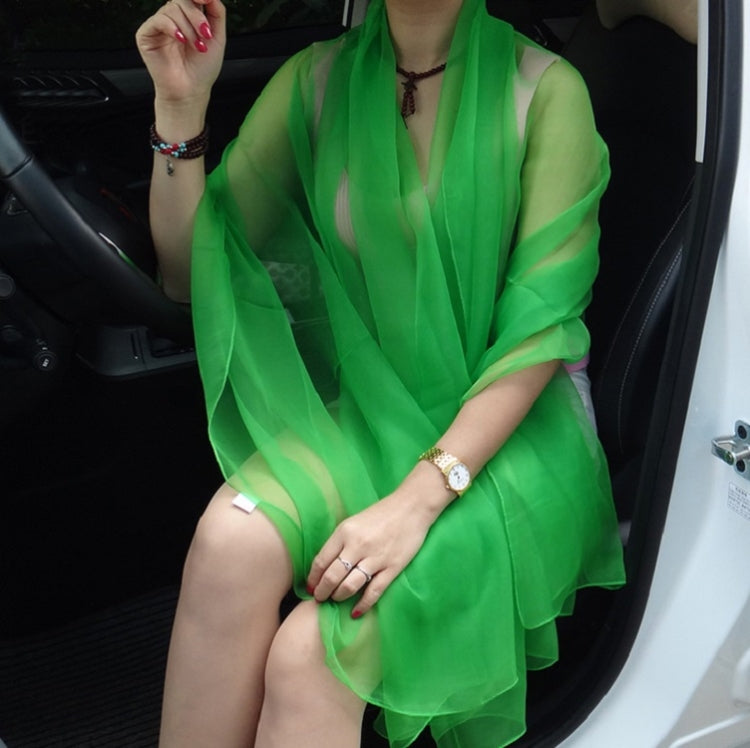 Green chiffon silk scarf, sheer shoulder wrap with loose, layered folds