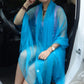 Blue chiffon silk scarf, sheer drape over shoulders with translucent vertical layers