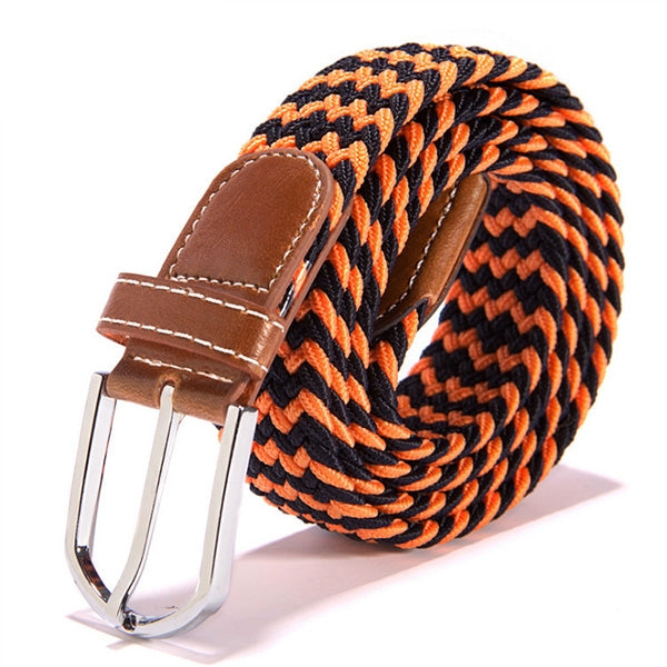 Black and orange striped braided stretch belt with brown leather keeper and silver buckle
