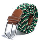 Green and white braided stretch belt with brown leather keeper and silver buckle