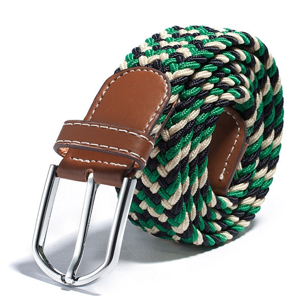 Green and white braided stretch belt with brown leather keeper and silver buckle