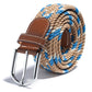 Woven canvas stretch belt, tan and blue braided weave with brown leather strap and silver buckle