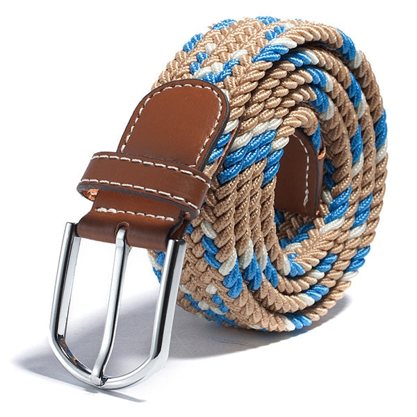 Woven canvas stretch belt, tan and blue braided weave with brown leather strap and silver buckle