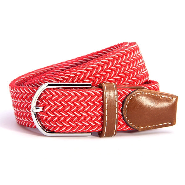 Woven canvas stretch belt, red braided herringbone with brown leather ends and silver buckle