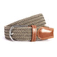 Woven canvas stretch belt, black and cream braided herringbone with tan leather ends and silver buckle