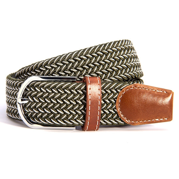 Woven canvas stretch belt, olive and cream braided herringbone with tan leather ends and silver buckle