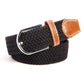 Woven stretch belt with black canvas, silver buckle, tan leather end tab