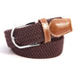 Woven stretch belt with brown canvas, silver buckle, tan leather end tab