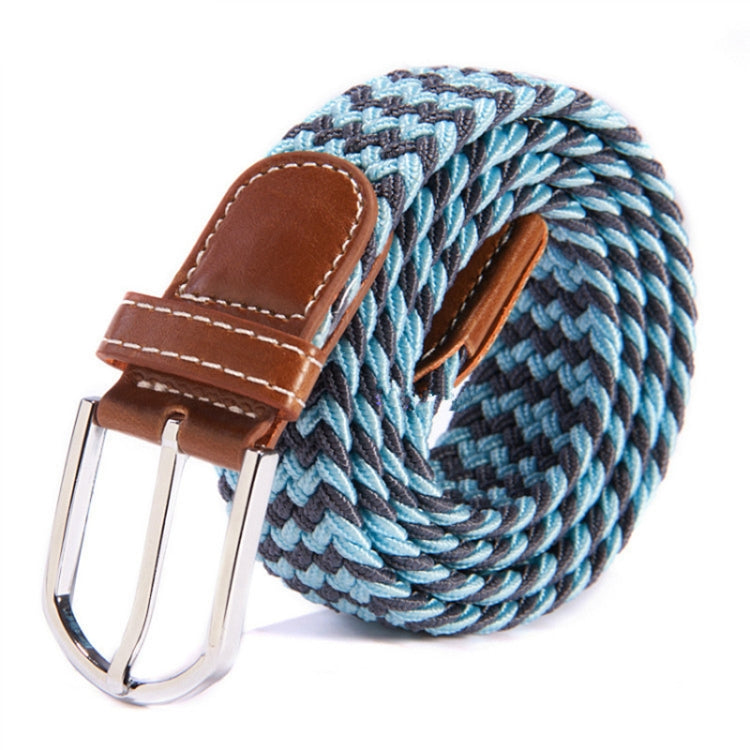 Woven stretch belt with light blue striped canvas, silver buckle, tan leather end tabs