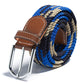 Woven stretch belt with navy blue and cream striped canvas, silver buckle, tan tabs