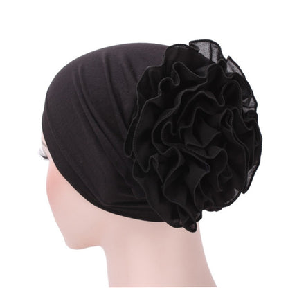 Black chiffon turban hat with a big side ruffled flower, one size