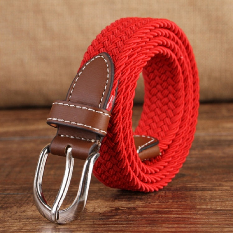 Narrow woven elastic belt with silver buckle, red braided canvas, brown keeper.