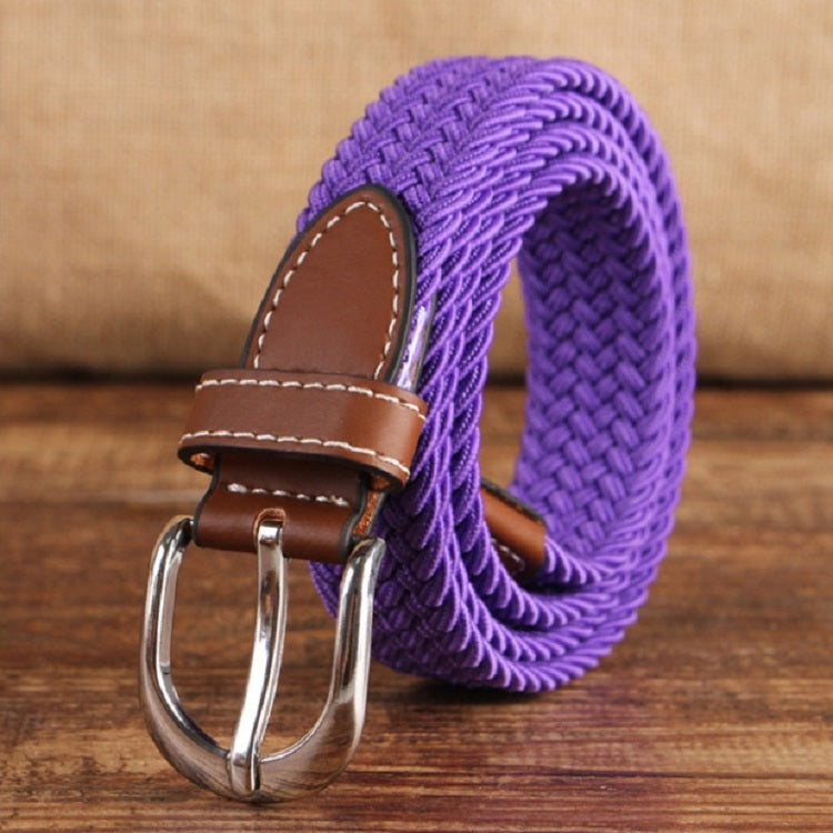 Narrow woven elastic belt with silver buckle, purple braided canvas, brown keeper.