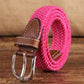 Narrow woven elastic belt with silver buckle, bright pink braided canvas, brown keeper.