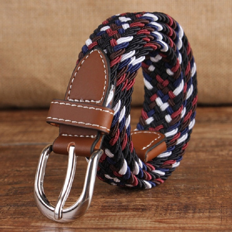 Braided elastic belt with silver double-prong buckle, brown leather tabs, black-red-white weave