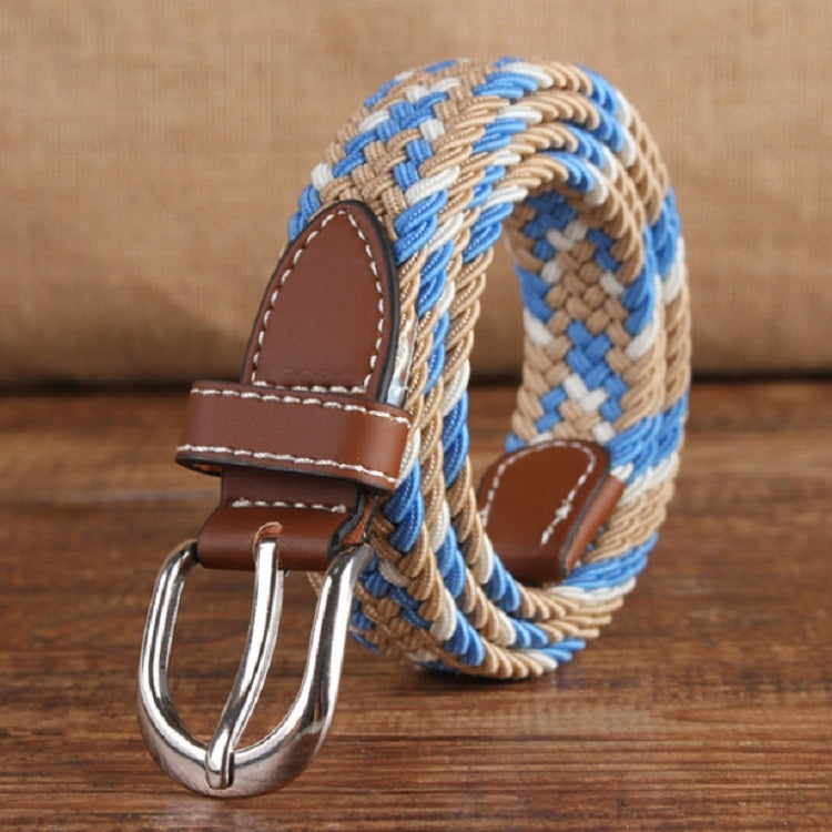 Braided elastic belt with silver double-prong buckle, brown leather tabs, blue-beige stripe weave