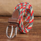 Braided elastic belt with silver double-prong buckle, brown leather tabs, red-gray-black striped weave