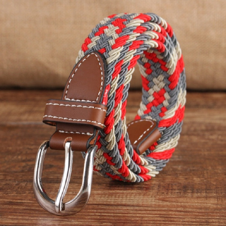 Braided elastic belt with silver double-prong buckle, brown leather tabs, red-gray-black striped weave