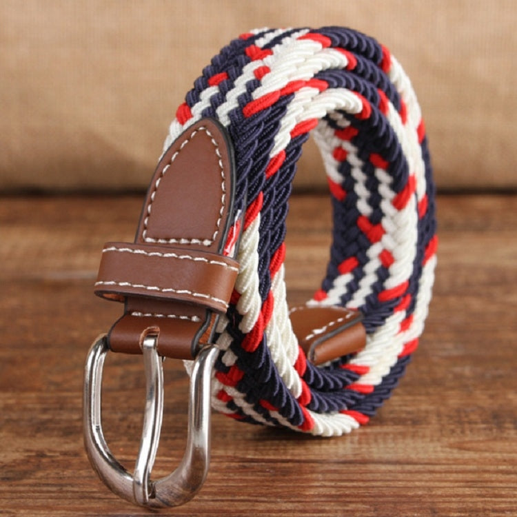 Braided elastic belt with silver double-prong buckle, brown leather tabs, red-white-black striped weave
