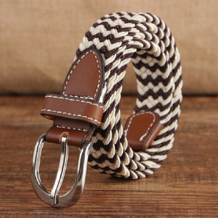 Braided elastic belt with silver double-prong buckle, brown leather tabs, cream-and-brown striped weave