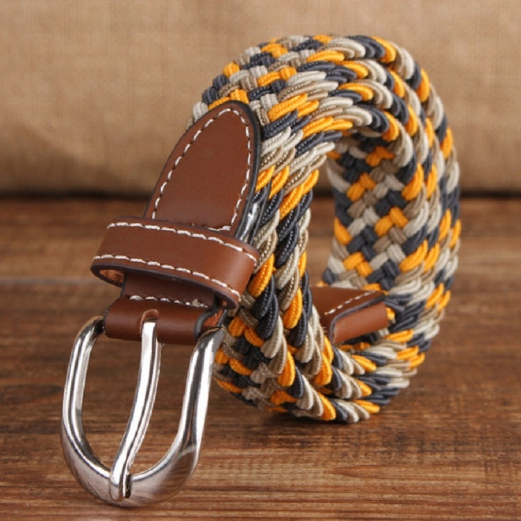 Braided elastic belt with silver double-prong buckle, brown leather tabs, black-gray-orange striped weave