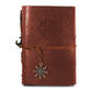 Pirate compass spiral notebook diary, brown PU leather cover with wrap strap and wheel charm
