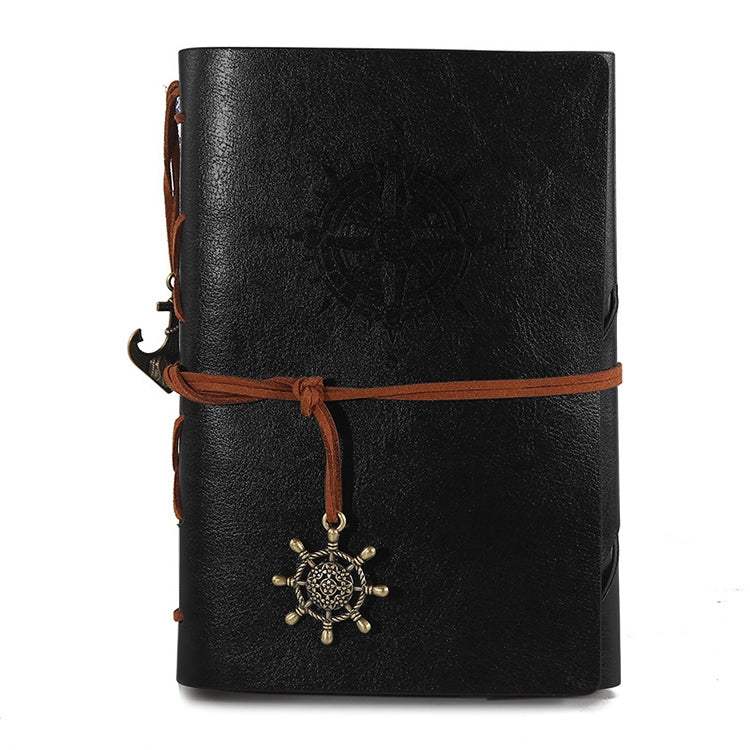 Pirate compass spiral notebook diary, black PU leather cover with wrap strap and wheel charm