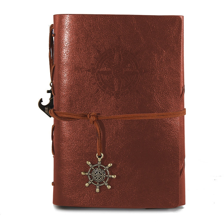 Pirate compass spiral notebook diary, copper brown PU leather cover with wrap strap and wheel charm