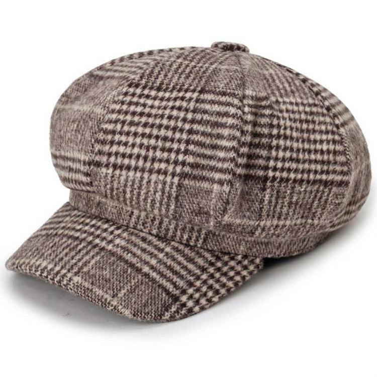 Brown plaid octagonal cap with short brim and stitched crown