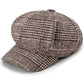 Brown plaid octagonal cap with short brim and buttoned top