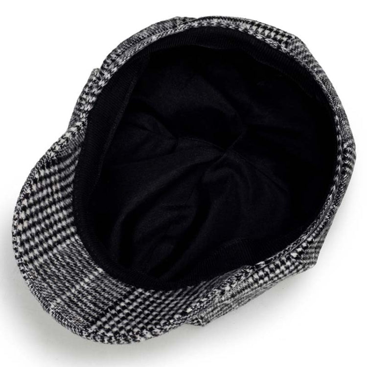 Black-and-white plaid octagonal cap with lined interior and short brim