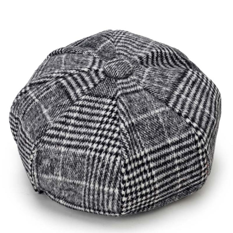 Gray plaid octagonal cap with short brim and round button at top