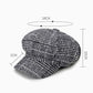 Gray plaid octagonal cap with short brim and top button