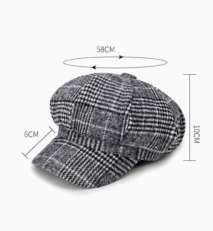 Gray plaid octagonal cap with short brim and top button
