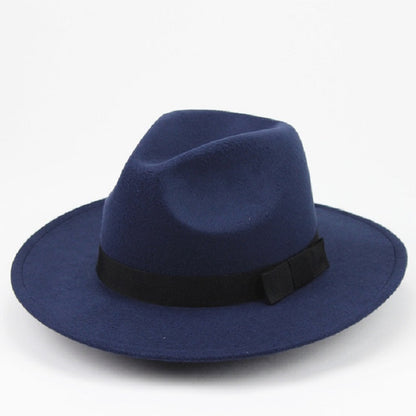 Navy wool felt wide-brim jazz cap hat with black band.