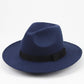 Navy wool felt wide-brim hat with black band, angled front view.