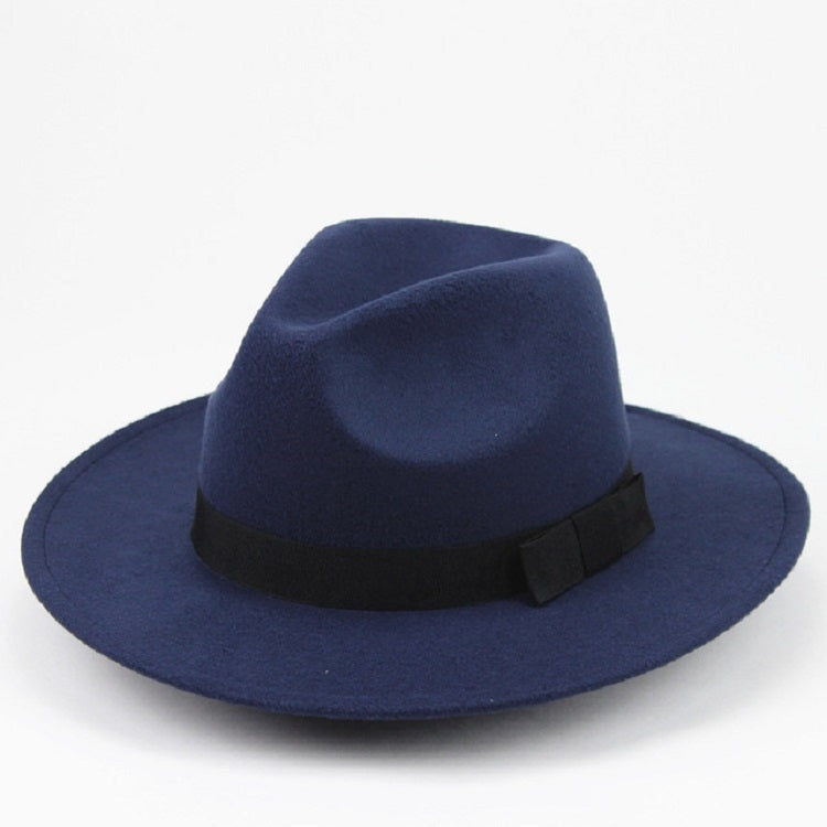 Navy wool felt wide-brim hat with black band, angled front view.