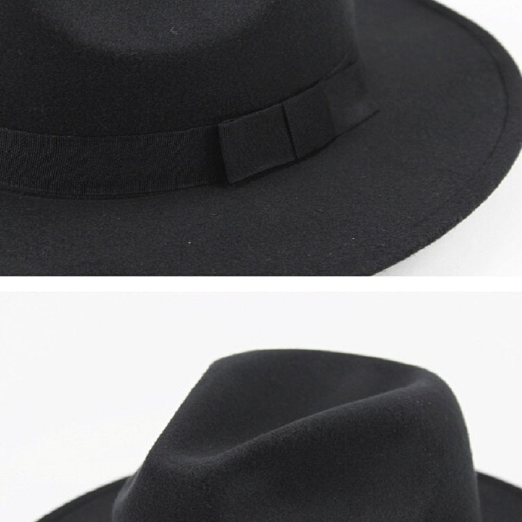 Black wide-brim hat with fabric band detail and curved brim edge.