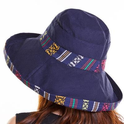Dark blue double-sided beach hat with wide brim and multicolor woven band