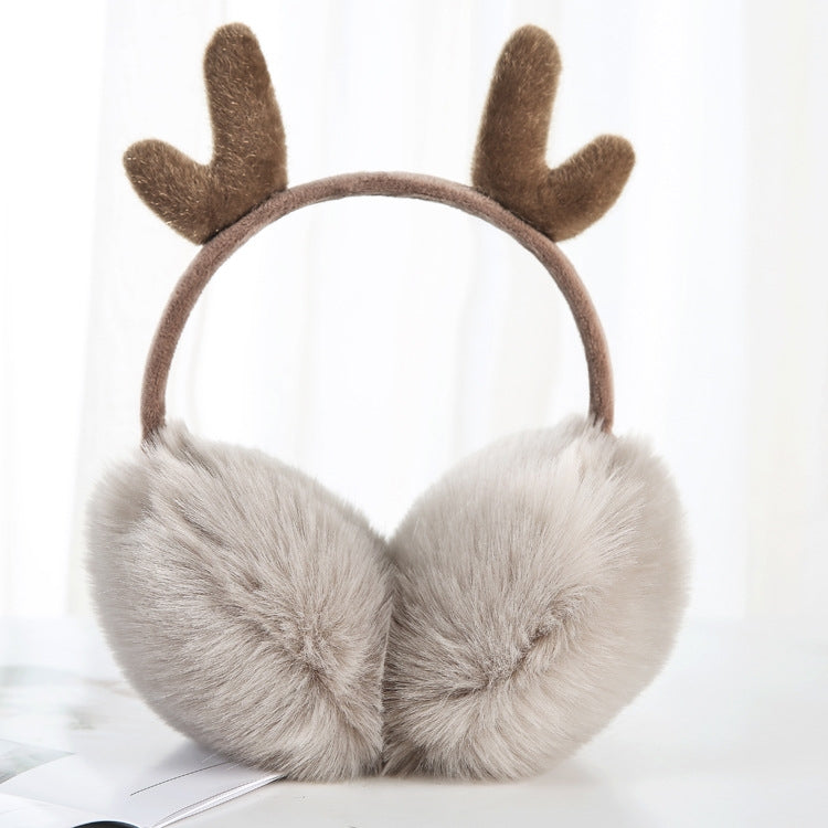 Khaki plush antler earmuffs with soft fur ear covers and curved headband