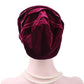 Red wine pleuche turban hat with soft gathered fabric, back view